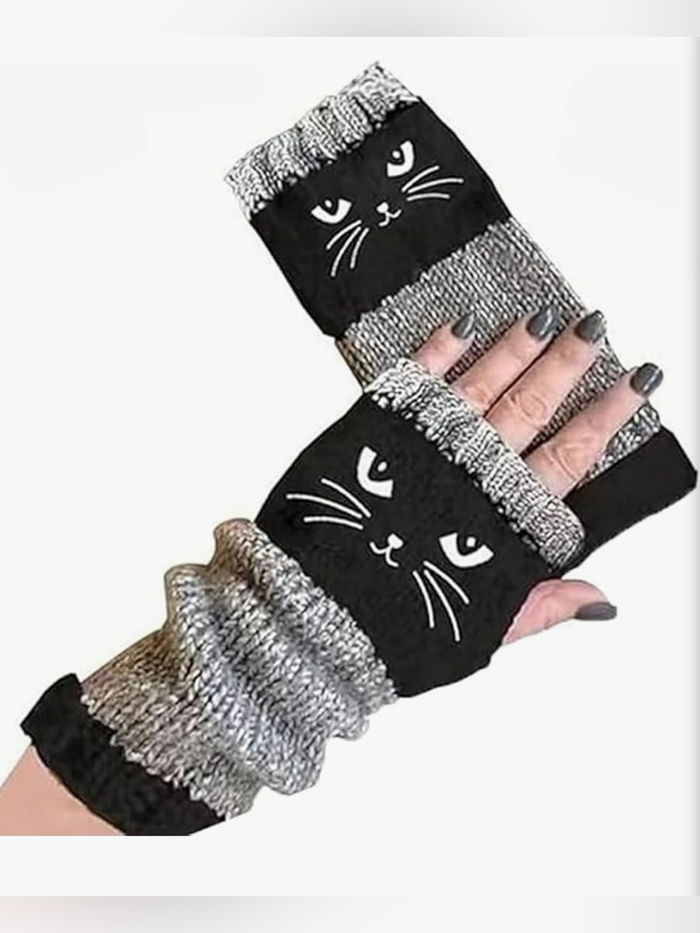 Cat Embroidery Splicing Knitted Fingerless Gloves